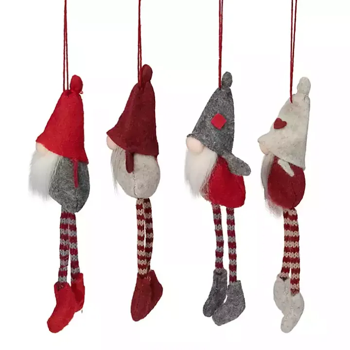 Red and Gray Long Legged Gnome Ornaments, Set of 4