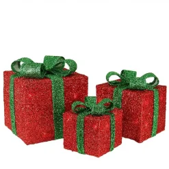 Red and Green LED Lit Christmas Gifts, Set of 3