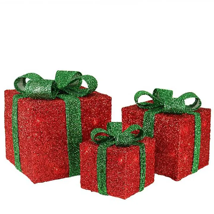 Red and Green LED Lit Christmas Gifts, Set of 3