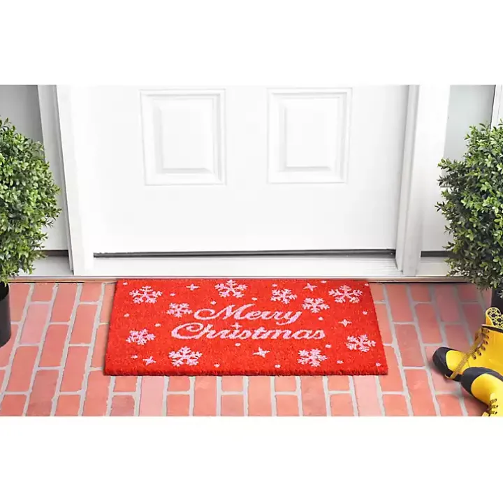 Red and White Merry Christmas Snowflake Doormat
