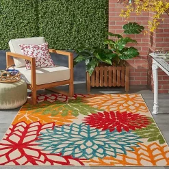 Red Bright Floral Burst Outdoor Area Rug, 5x7