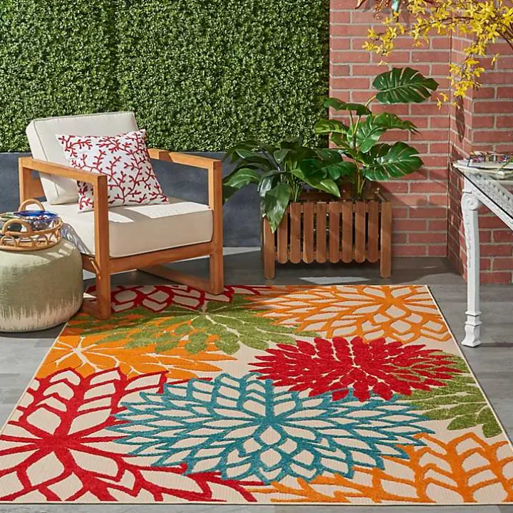 Red Bright Floral Burst Outdoor Area Rug, 5x7