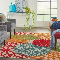 Red Bright Floral Burst Outdoor Area Rug, 5x7
