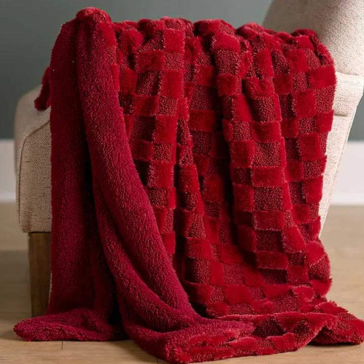 Red Faux Fur and Boucle Checkerboard Throw