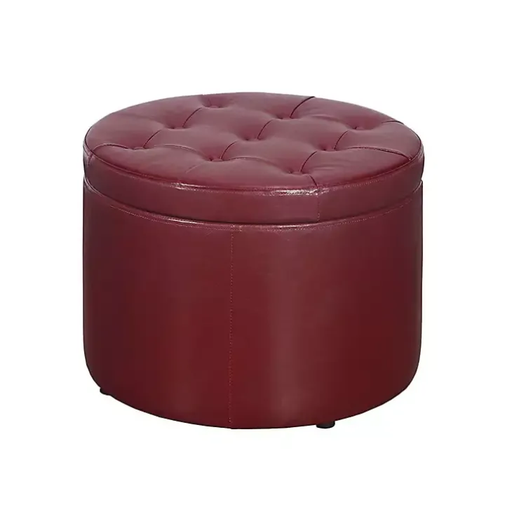 Red Faux Leather Round Shoe Storage Ottoman