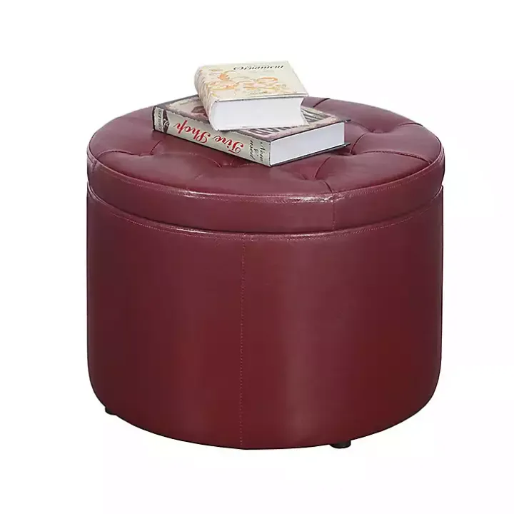 Red Faux Leather Round Shoe Storage Ottoman