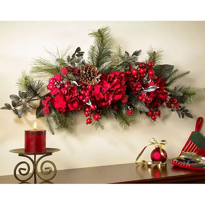 Red Hydrangea and Pine Christmas Swag
