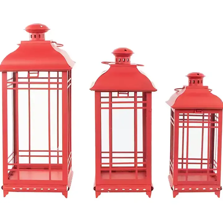 Red Metal and Glass Decorative Lanterns, Set of 3