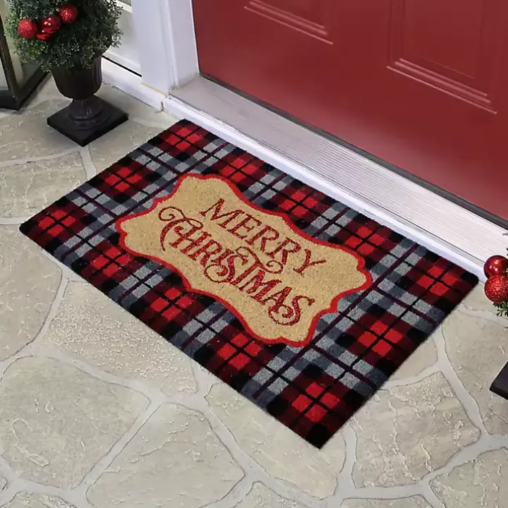 Red Plaid Merry Christmas Doormat