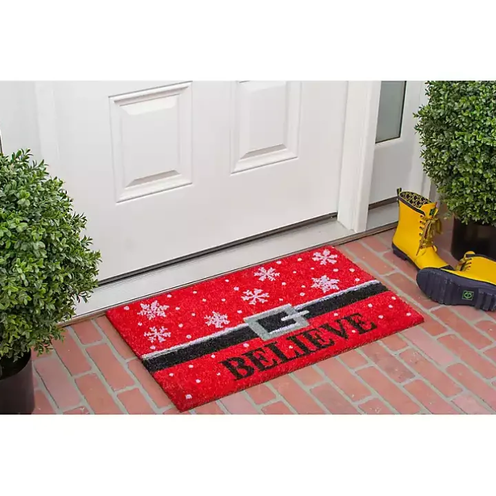 Red Santa Belt Believe Coir and Vinyl Doormat