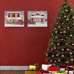 Red Truck Christmas Canvas Art Prints, Set of 2