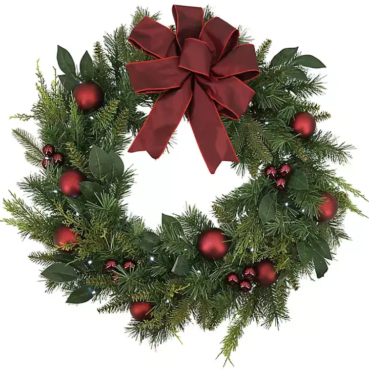 Red Velvet Ribbon and Ornaments Pre-Lit Wreath