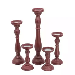 Red Wood Spindle Taper Candle Holders, Set of 5