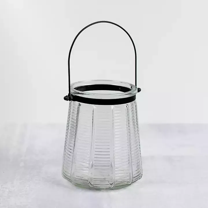 Ribbed Glass Lantern with Metal Handle, 6 in.