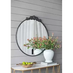 Round Antique Black Floral Scroll Mirror, 39 in.