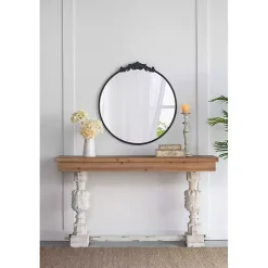 Round Antique Black Floral Scroll Mirror, 39 in.
