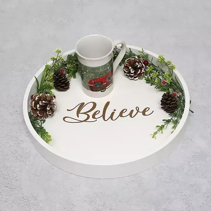 Round Believe White Wood Tray
