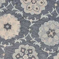 Round Blue Geometric Floral Area Rug, 4x4