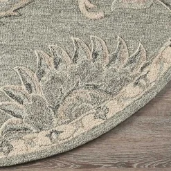 Round Gray and Blue Botanical Area Rug, 4x4