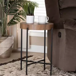 Round Light Brown Wood X Base Accent Table
