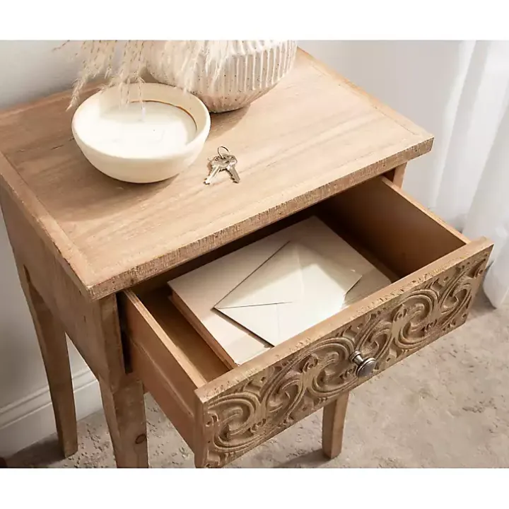 Rustic Brown Ornate Carved Wood Accent Table