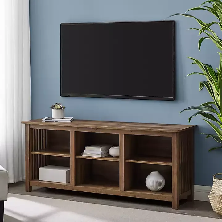 Rustic Oak Wood Slatted Sides Media Cabinet