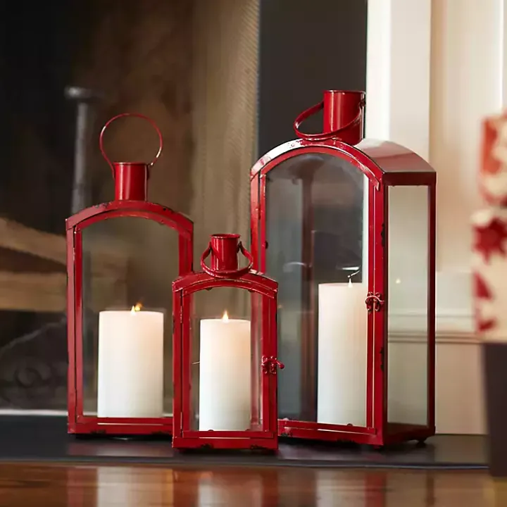 Rustic Red Metal Lanterns, Set of 3