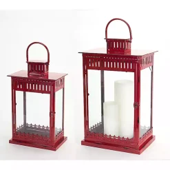Rustic Red Ornate Metal Lanterns, Set of 2