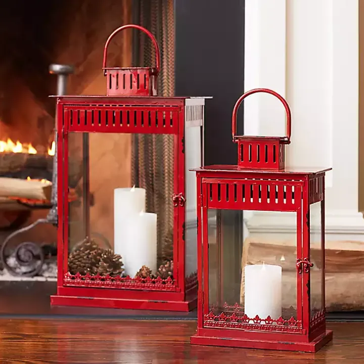 Rustic Red Ornate Metal Lanterns, Set of 2