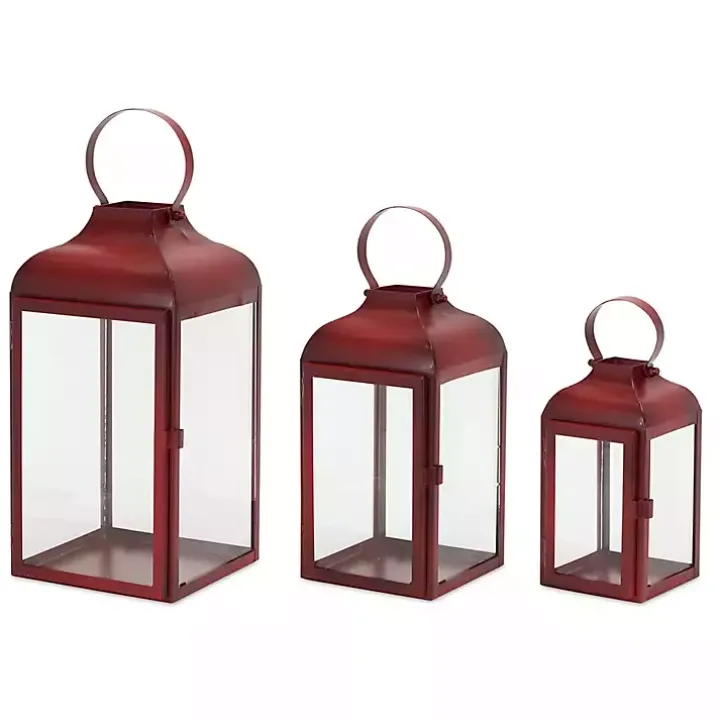 Rustic Red Ring Top Metal Lanterns, Set of 3