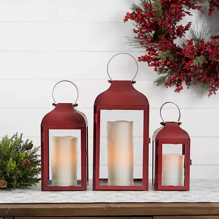 Rustic Red Ring Top Metal Lanterns, Set of 3