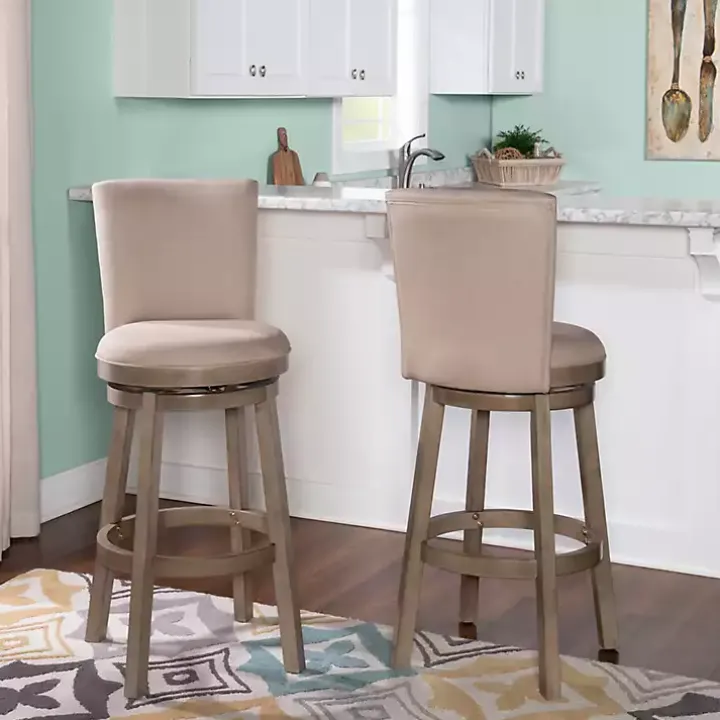Rustic Taupe Upholstered Swivel Bar Stool