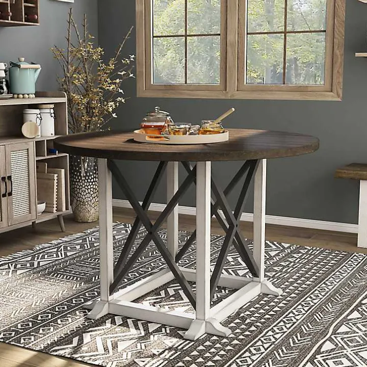 Rustic White & Oak Wood Round Dining Table