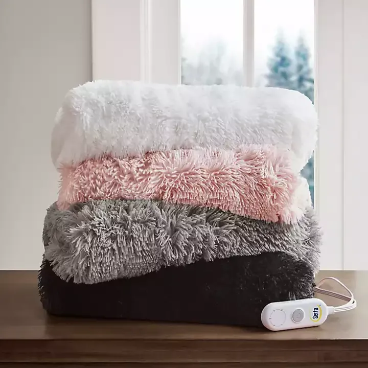 Serta White Shaggy Faux Fur Heated Throw