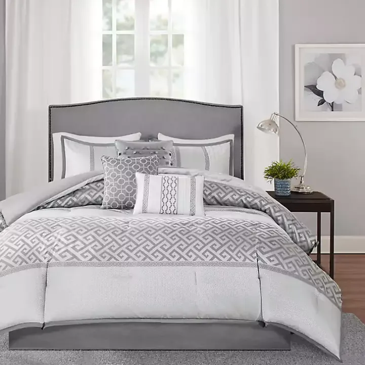 Silver Geometric Stripes 7-pc. Queen Comforter Set