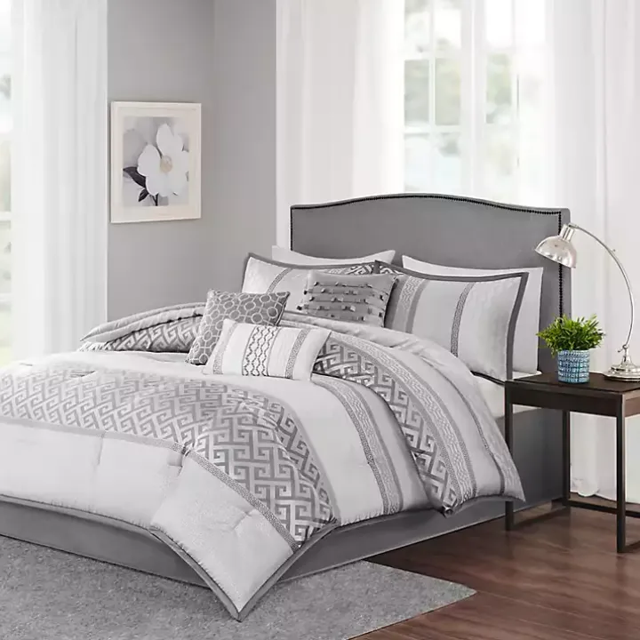 Silver Geometric Stripes 7-pc. Queen Comforter Set