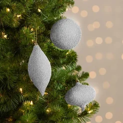 Silver Luxe Glitter Beaded Ornaments, Set of 3