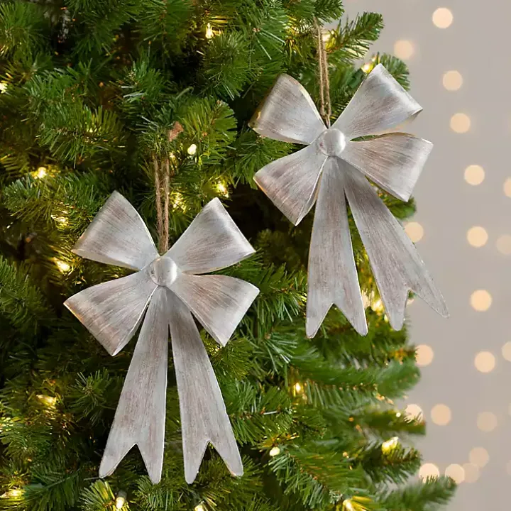 Silver Metal Bow Ornaments, Set of 2