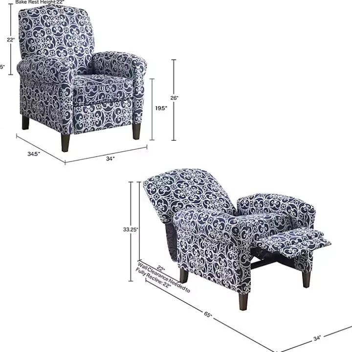 Sky Blue Fretwork Upholstered High Back Recliner