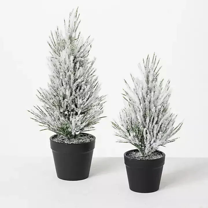 Snowy Potted Mini Pine Trees, Set of 2