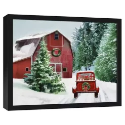 Snowy Red Barn Black Framed Canvas Art Print
