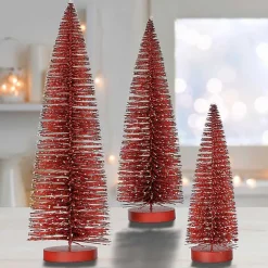 Snowy Red Bristle Christmas Trees, Set of 3