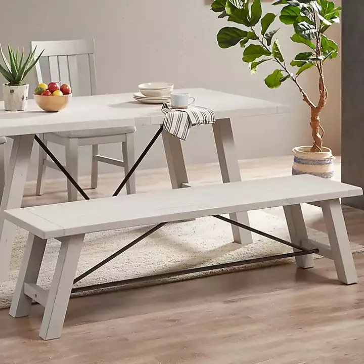 Sofia White Wooden Dining Bench with Metal Bars