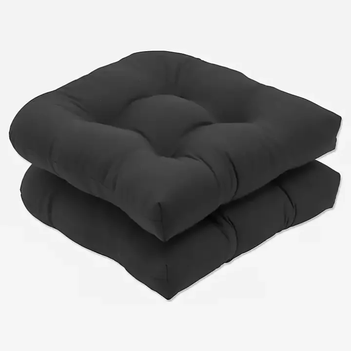 Solid Black Tufted Outdoor Seat Cushions, Set of 2