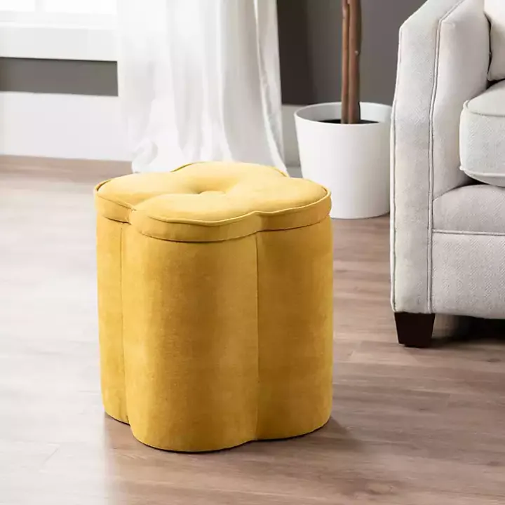 Spice Yellow Chenille Flower Storage Ottoman