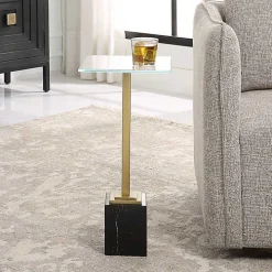 Square Glass and Black Marble Accent Table