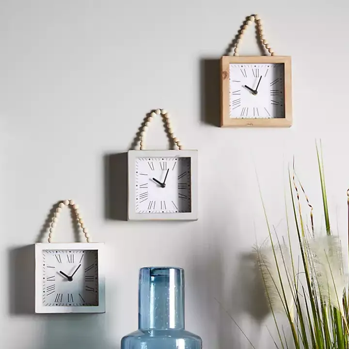 Square Wood Beaded Wall Clocks, Set of 3