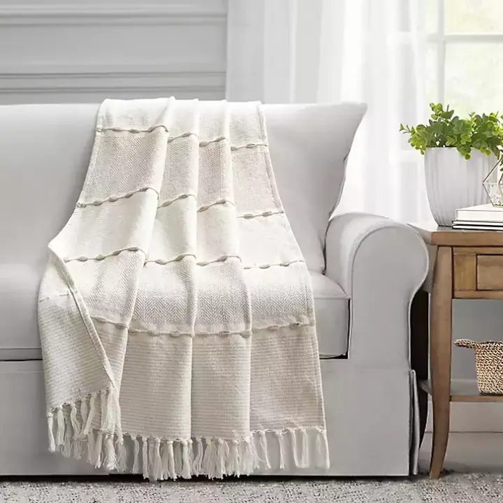 Tan and White Herringbone Stripe Throw
