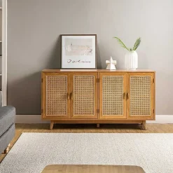 Tan Cane Wood Storage Media Cabinet