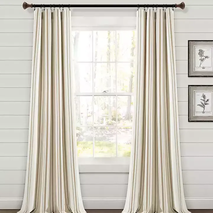 Tan Stripe Farmhouse Curtain Panel Set, 95 in.